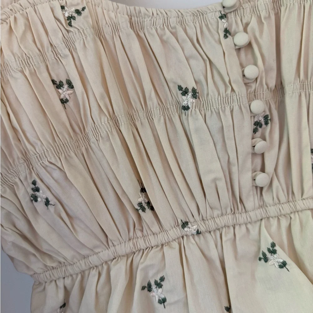 Cream Ruched Puff Sleeve Midi Sundress - Picture 3 of 5